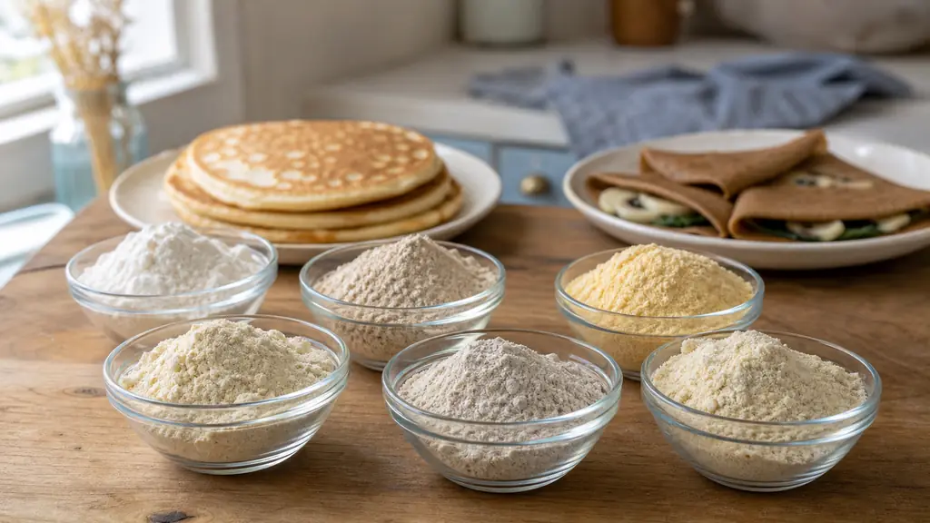 editorial food photography of six small glass bowls on a wooden kitchen counter containing rice flour, buckwheat flour, corn flour, chickpea flour, certified gluten-free oat flour, and almond flour, with homemade pancakes and savory buckwheat galettes in the background, natural daylight, no text, no logo