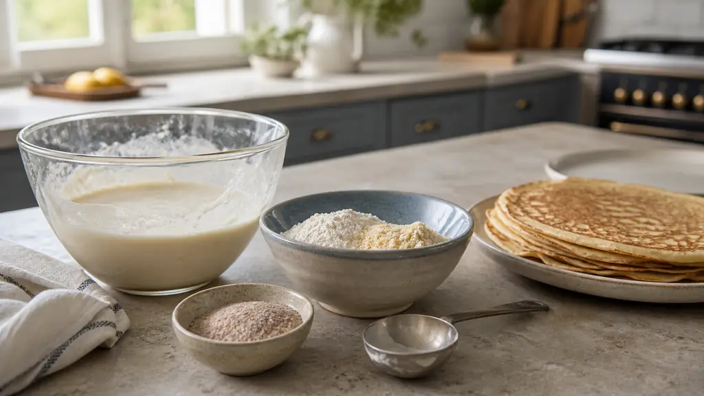 editorial food photography of a home kitchen worktop with a glass mixing bowl of pale gluten-free batter resting beside a small bowl of psyllium, a second bowl with rice flour and almond flour, a ladle, and a stack of freshly cooked crepes on a plate, natural daylight, no text, no logo