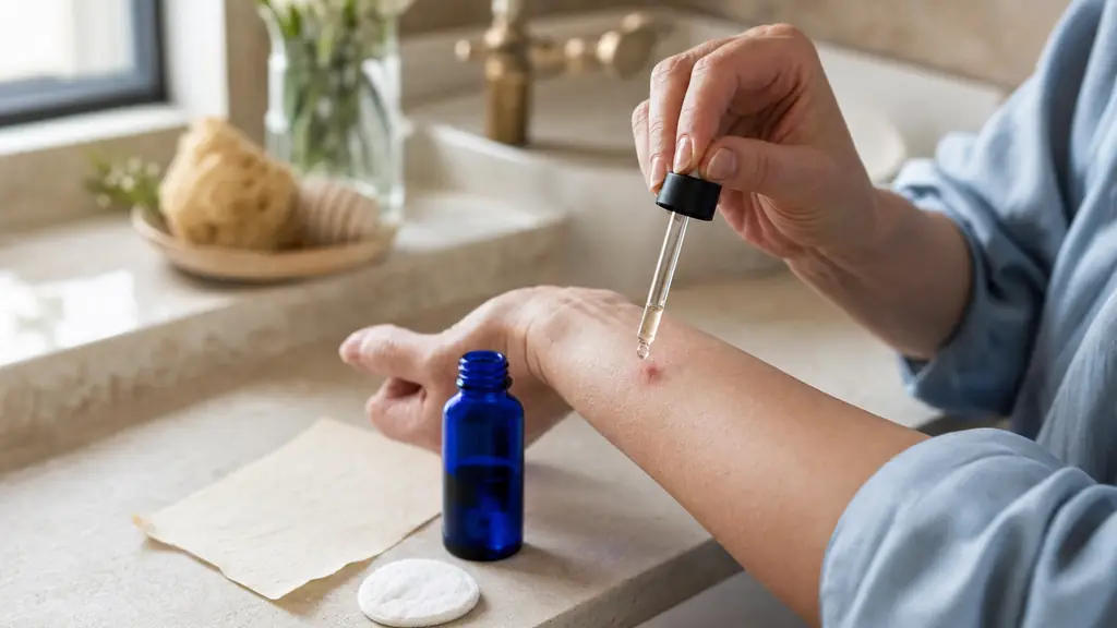 Editorial close-up photo of a small blue glass bottle of helichrysum essential oil beside a simple handwritten note listing bruises, bumps, and localized redness, on a light bathroom shelf with a cotton pad and a single drop being applied to a precise spot on the forearm, no text or logo