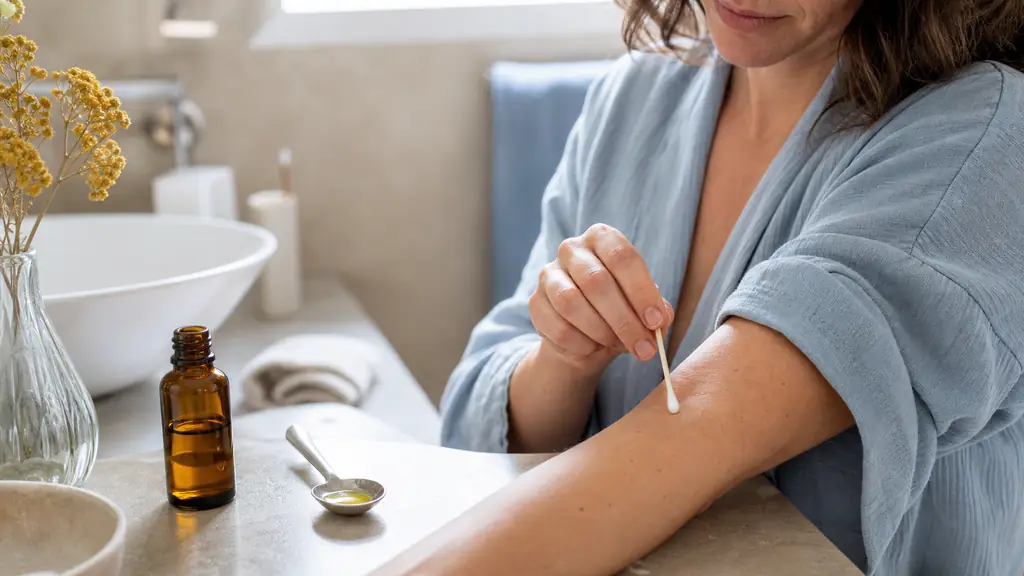 Editorial close-up photo of a small amber bottle of helichrysum essential oil beside a spoon with a few drops of vegetable oil, a woman doing a careful patch test on the inner forearm with a cotton swab in a bright bathroom, no text or logo