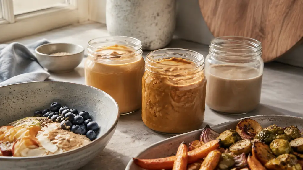 Open jars of smooth almond butter, crunchy peanut butter with visible pieces, and tahini beside a breakfast bowl and roasted vegetables, warm natural kitchen light, no text, no logo