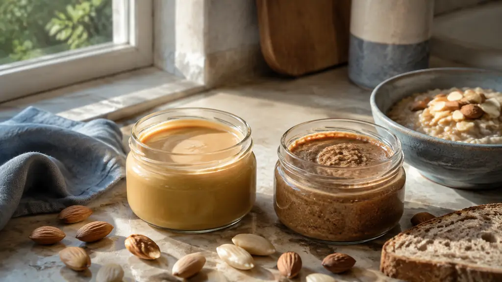 Two open glass jars of almond butter, one pale and smooth and one darker with a rustic appearance, beside whole almonds, peeled almonds, porridge and a slice of whole grain bread, warm natural kitchen light, no text, no logo