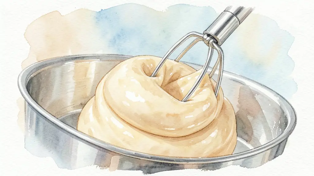 A close-up of a smooth, glossy brioche dough being lifted by a dough hook in a professional mixer, showing the elastic texture and silky sheen of the enriched dough.