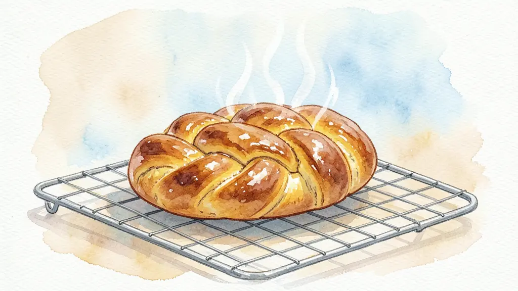 A golden-brown braided brioche, glossy from egg wash, resting on a cooling rack with soft steam rising from its crust.