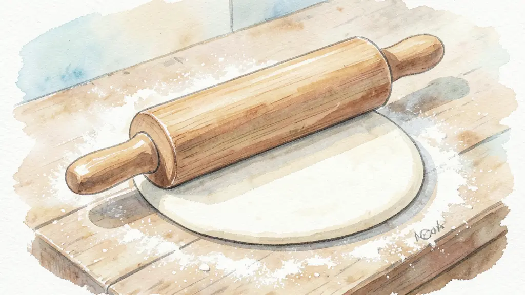 Close-up of a wooden rolling pin flattening a smooth, pale dough ball on a floured rustic table, showing a thin, circular flatbread shape.
