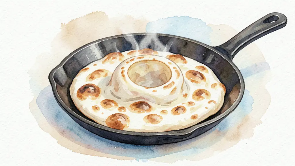 A flatbread puffing up in a hot cast-iron skillet, showing golden brown spots and a large air pocket lifting the center of the bread.