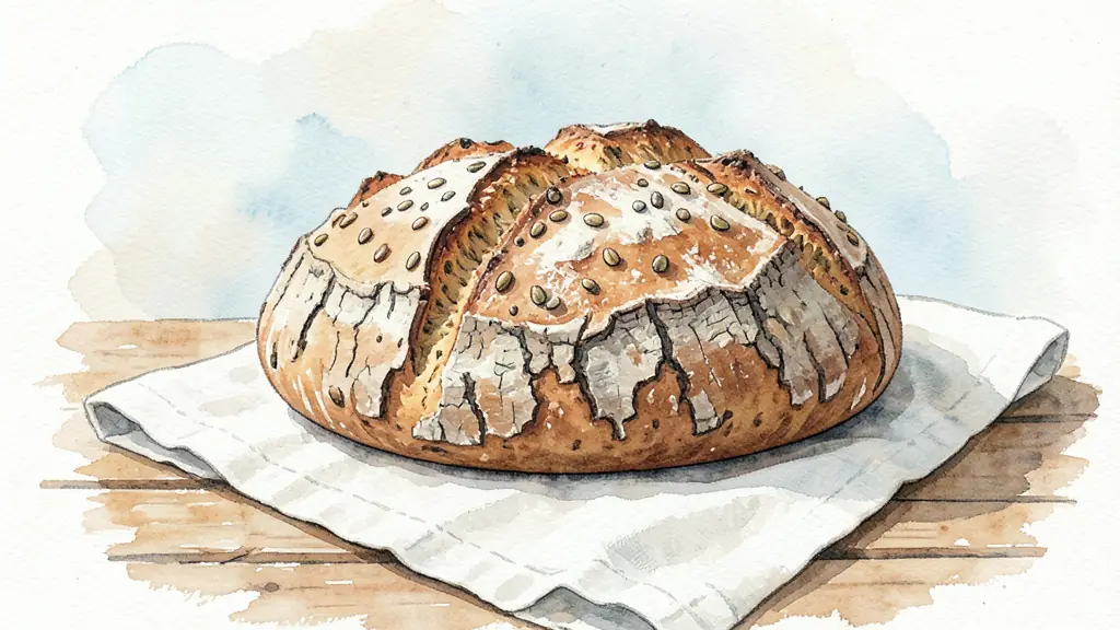 Editorial photography of a rustic sourdough loaf with a thick, bark-like crust and visible seeds, placed on a wooden farmhouse table with a linen cloth.