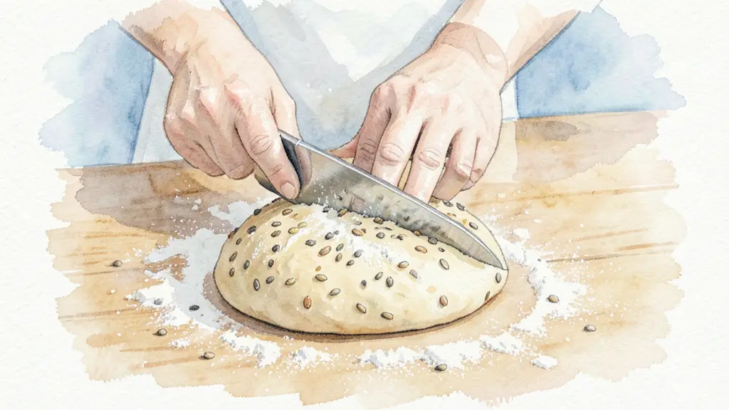 Close-up of a baker's hands scoring a seeded dough loaf with a blade, dusted with flour on a wooden surface.