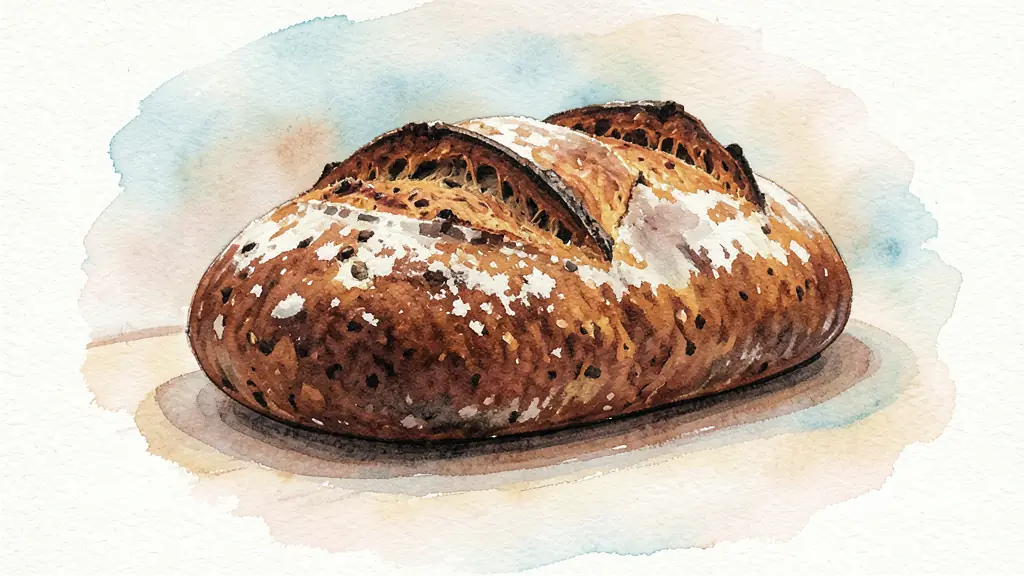Close-up of a rustic rye bread loaf, dark brown crust, dense crumb texture, warm bakery lighting, editorial style