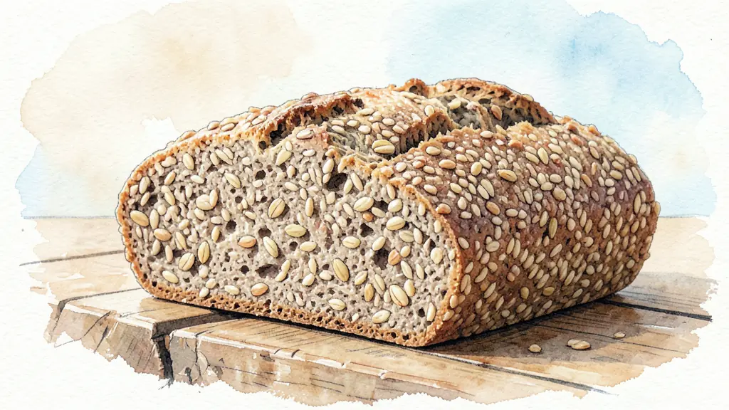 Editorial photography of a dense, crustless sprouted grain bread on a rustic wooden table, focus on the grainy texture and natural seeds, soft morning light
