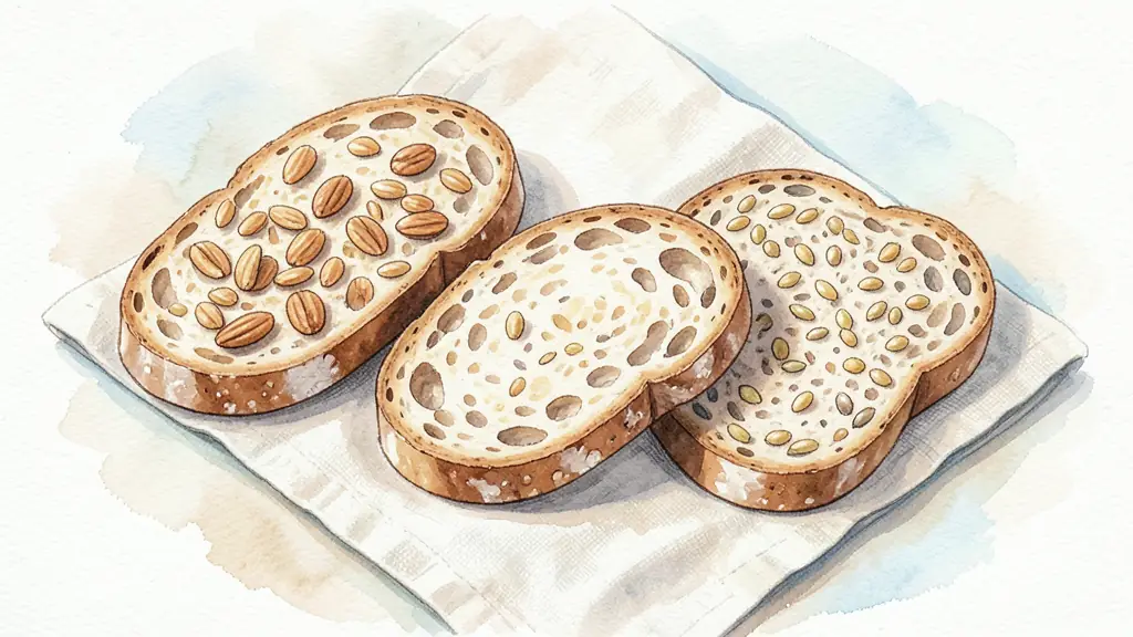 Close-up of three different types of sprouted bread slices: wheat with almonds, rye, and einkorn, arranged on a linen cloth, highlighting the different grain colors