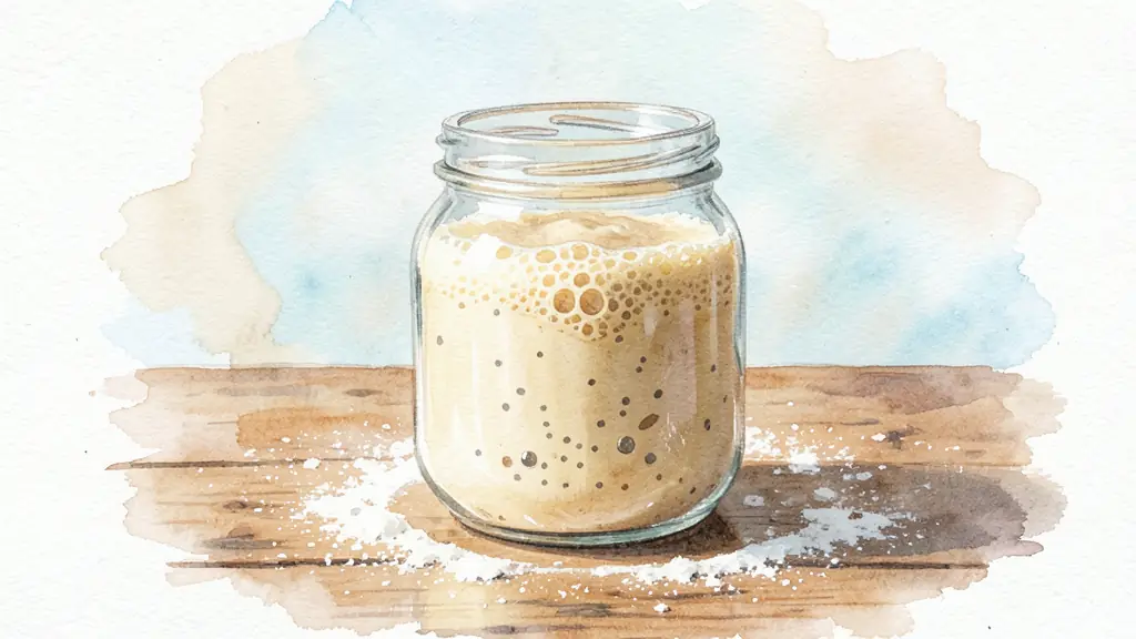 Active sourdough starter in a glass jar, visible bubbles, domed foamy surface, rustic flour-dusted worktable