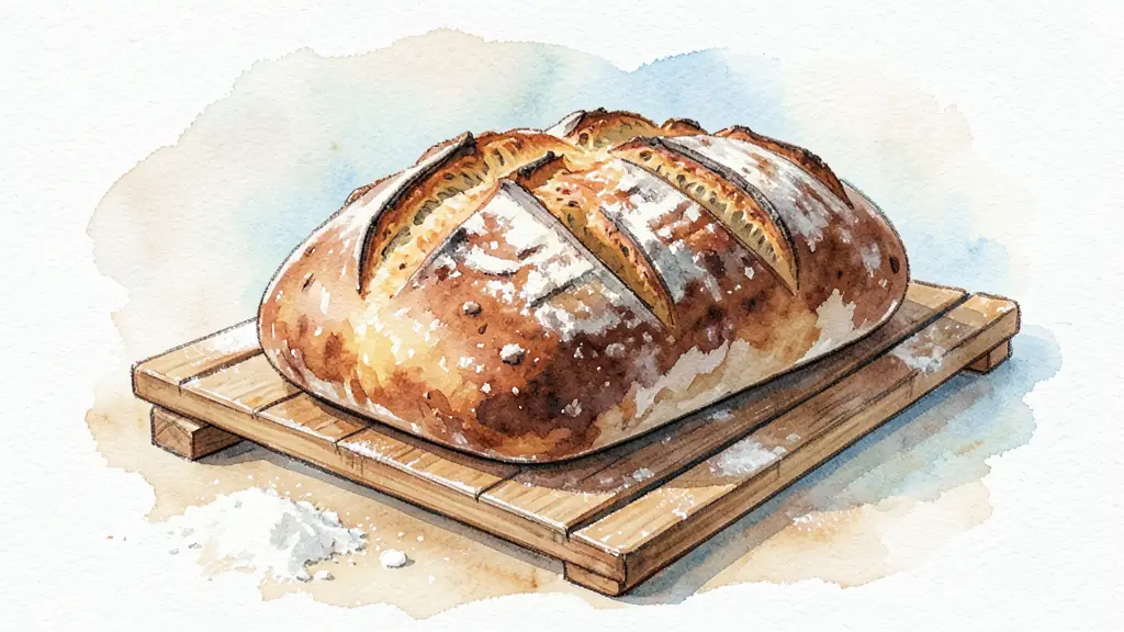 Freshly baked rustic sourdough loaf, deeply browned scored crust, cooling on a wooden rack with flour nearby