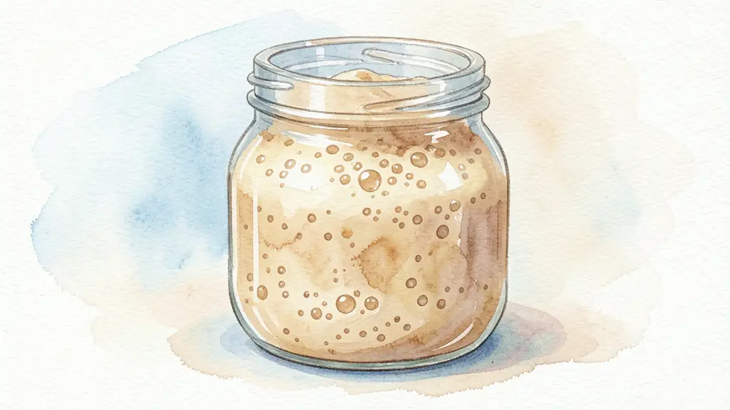 Editorial close-up photograph of an active sourdough starter in a glass jar, evenly distributed bubbles, gently domed surface, no text or logo