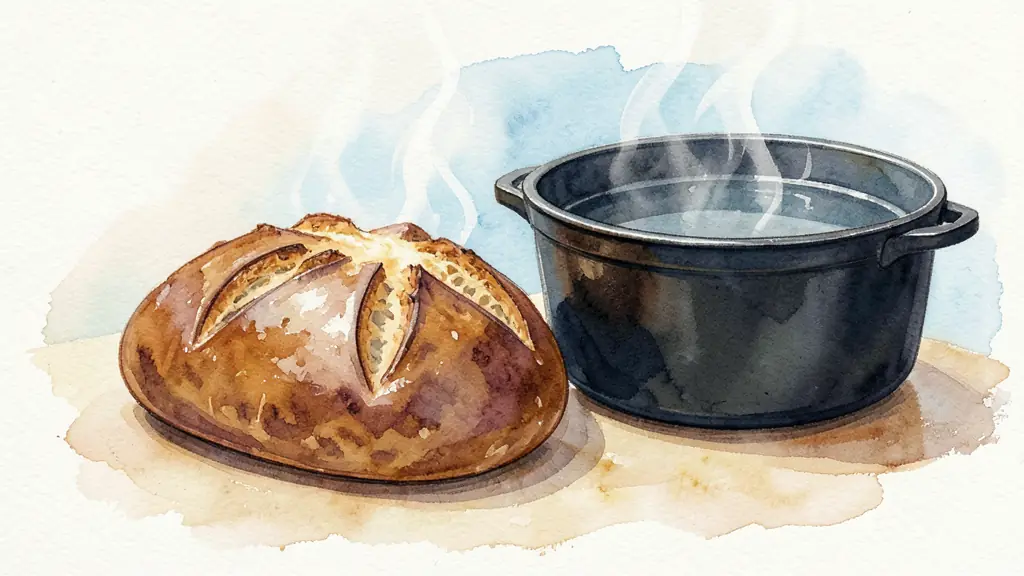 Editorial photograph of a deeply browned sourdough loaf cooling beside a hot cast-iron Dutch oven, scored crust and visible wisps of steam, no text or logo