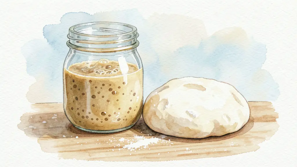 Editorial photograph of a bubbling sourdough starter in a glass jar beside supple flour-dusted dough on a wooden workbench, no text, no logo