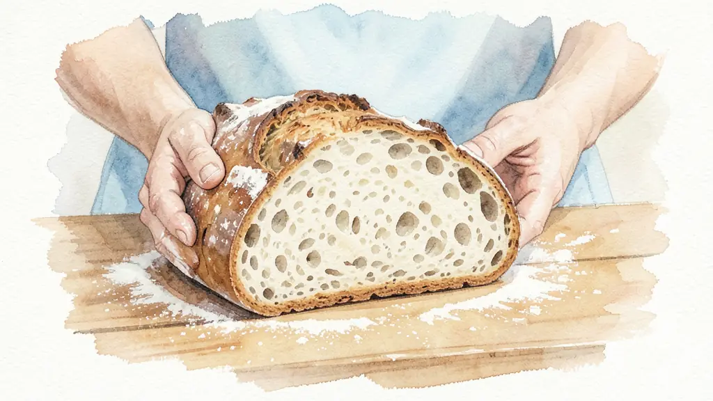 Editorial photograph of a deeply baked rustic loaf, sliced crumb showing an even texture, flour-dusted hands on a wooden counter, no text, no logo