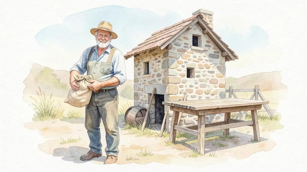 Farmer holding a sack of grain beside a small stone mill and wooden farm table, natural morning light, no text or logo