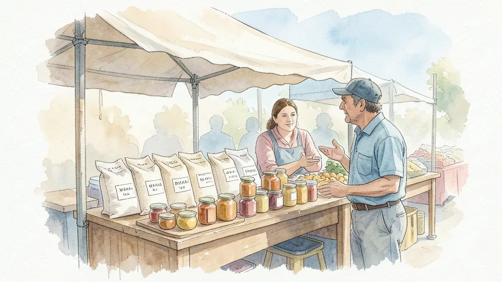 Open-air market stall with labeled flour bags, jars of preserves and a farmer answering a customer's question, no text or logo