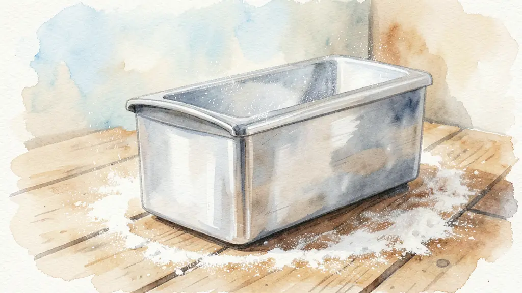 Close-up of a professional stainless steel bread mold on a wooden table, dusting of flour, rustic bakery atmosphere