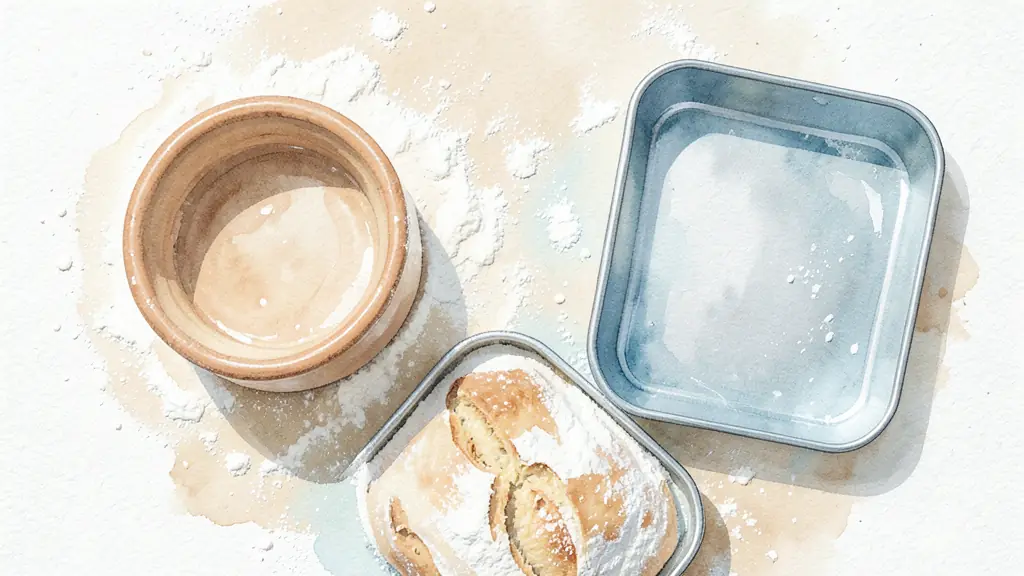 Top view of various bread molds arranged on a flour-dusted workbench, including a round ceramic pot and a rectangular steel tin