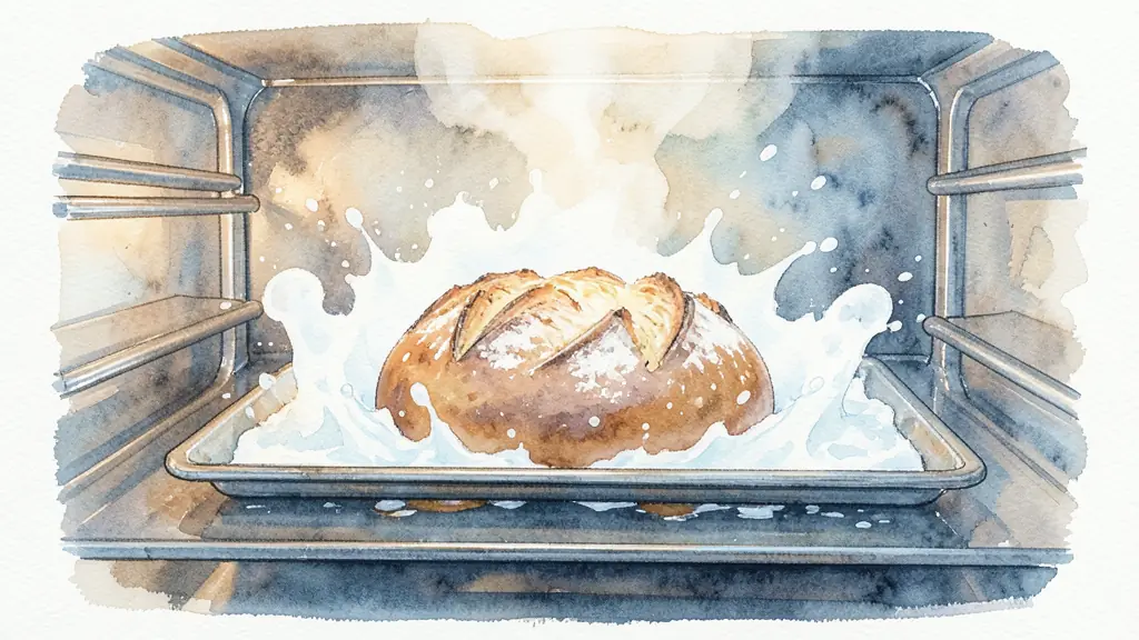 Editorial photography of a steaming oven interior, water splashing into a hot baking tray creating a cloud of white vapor around a sourdough loaf with a deep score