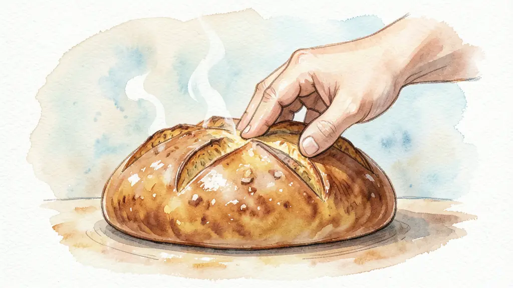 Close-up of a baker's hand tapping the golden-brown bottom of a rustic sourdough loaf, steam lightly rising from the crust