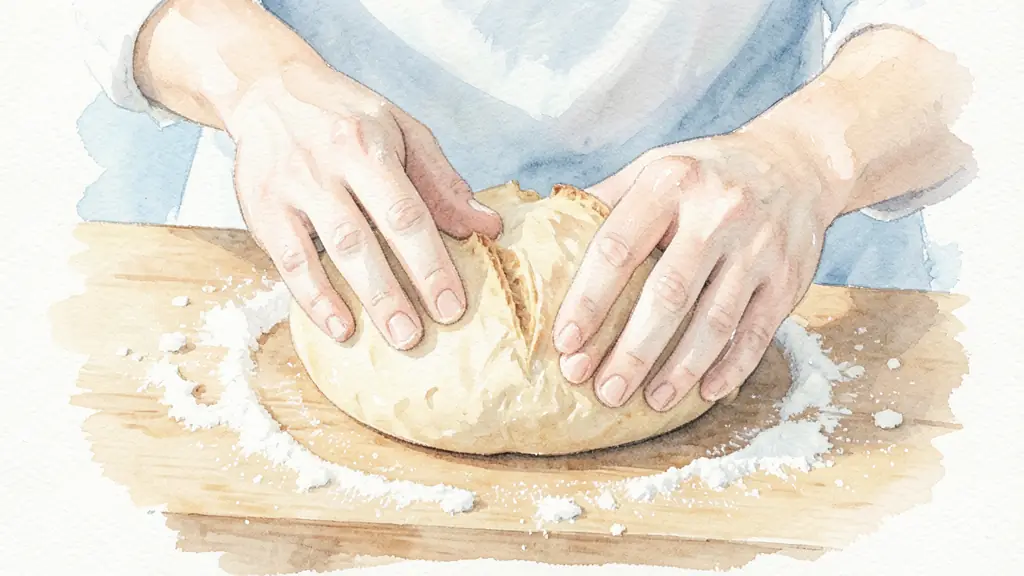 Close-up of hands gently shaping a rustic sourdough loaf on a floured wooden table, showing the soft texture of the dough