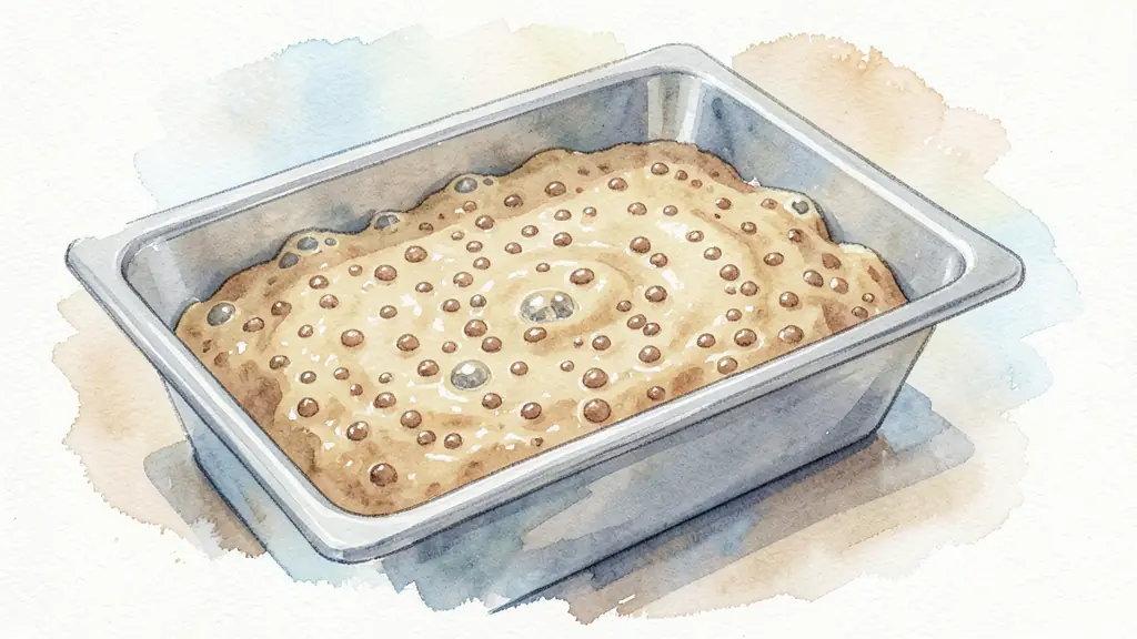 Close-up of a sourdough buckwheat batter in a baking tin, showing small fermentation bubbles, professional kitchen setting