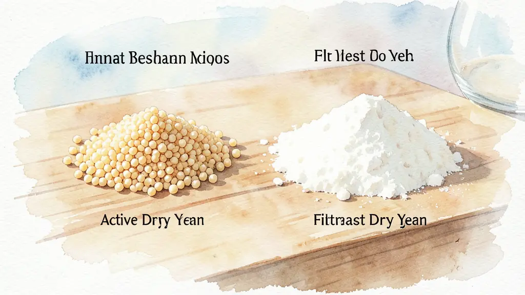 Close-up comparison of active dry yeast granules and fine instant dry yeast powder on a wooden baker's table, editorial style, high detail
